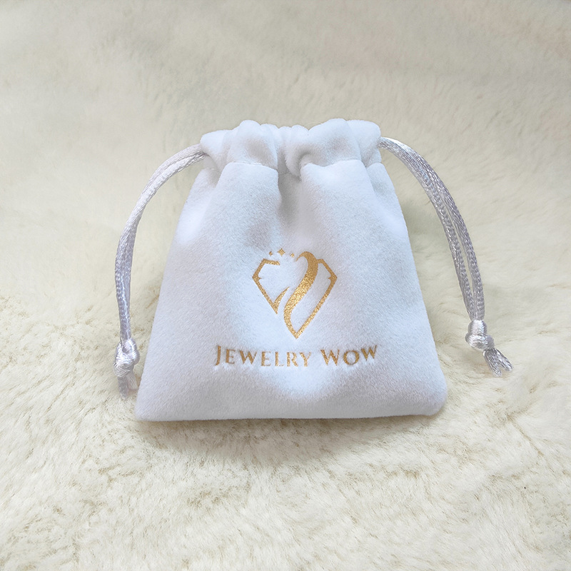 High End Golden Hot Stamp Logo Velvet Bag Minimalist White Jewelry Velvet Pouch